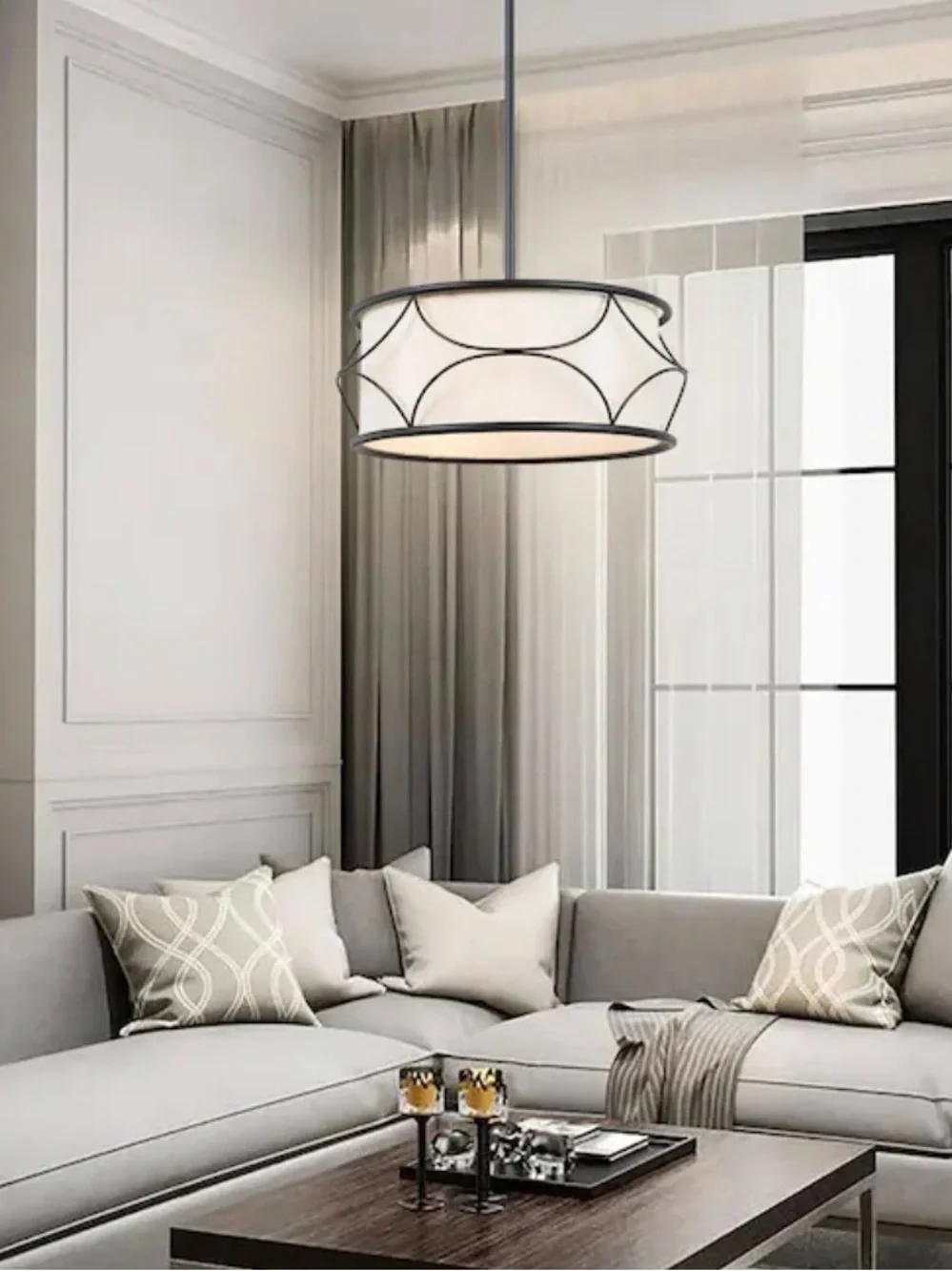 Modern Drum Chandelier 3-Light Matte Black Fabric Shade Farmhouse Pendant Light